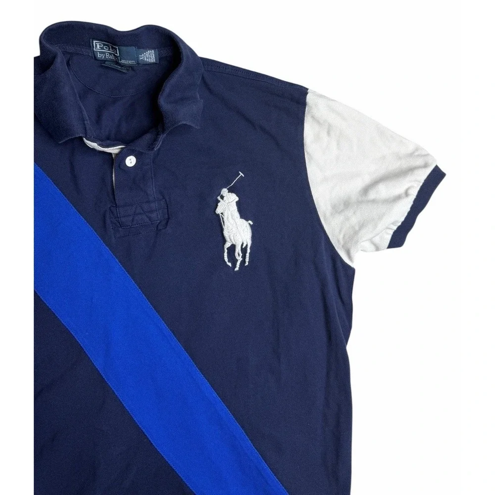 Polo Ralph Lauren Big Pony Polo Shirt XL Navy Blue Custom Fit Rugby Stripe